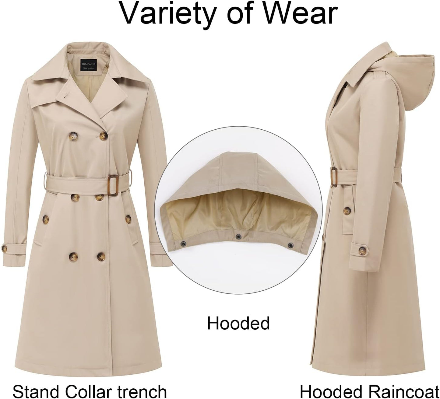 CREATMO US Women's Long Trench Coat Double-Breasted Classic Lapel Overcoat Belted Slim Outerwear Coat with Detachable Hood