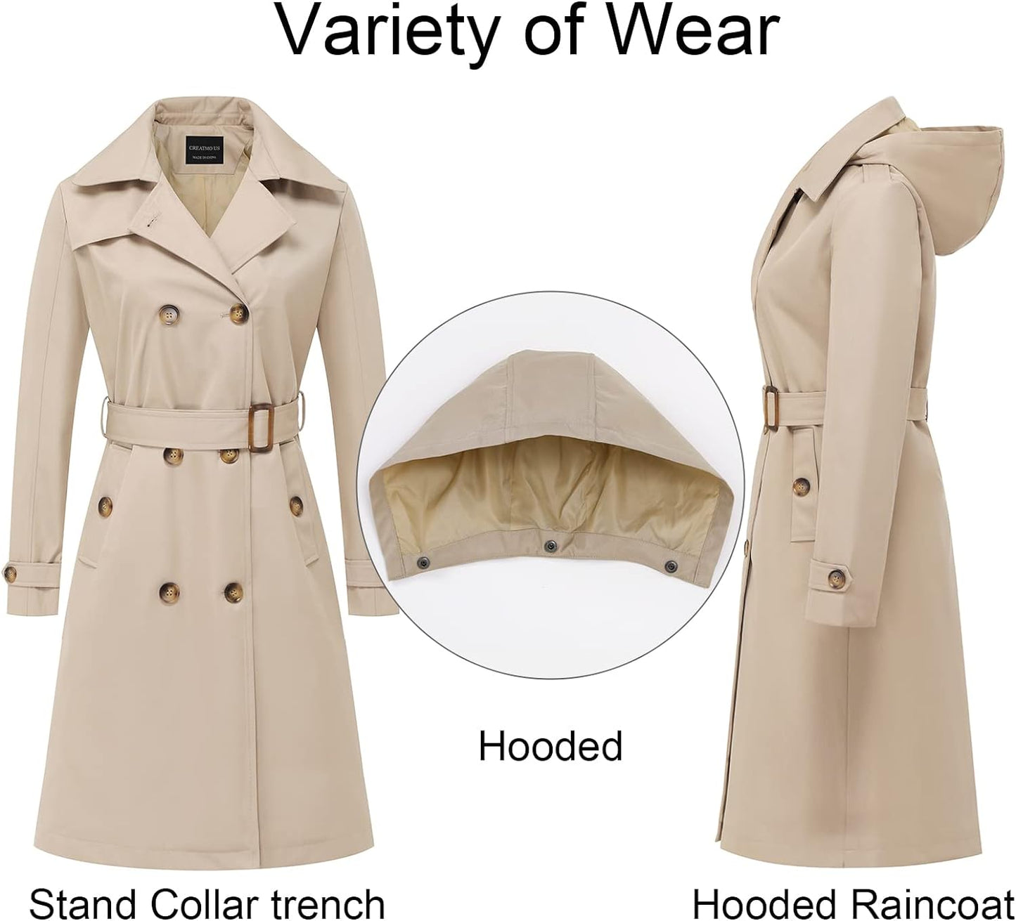 CREATMO US Women's Long Trench Coat Double-Breasted Classic Lapel Overcoat Belted Slim Outerwear Coat with Detachable Hood