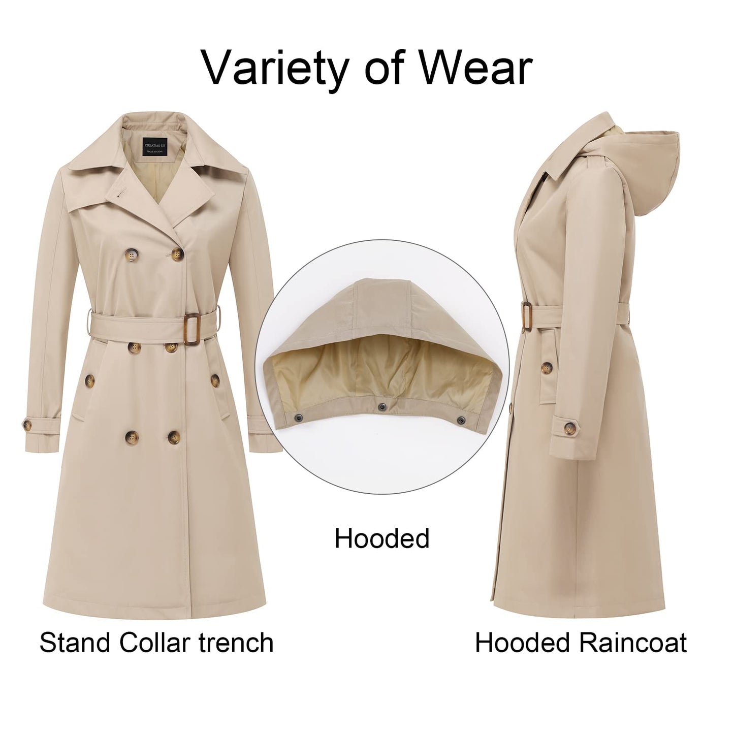 CREATMO US Women's Long Trench Coat Double-Breasted Classic Lapel Overcoat Belted Slim Outerwear Coat with Detachable Hood