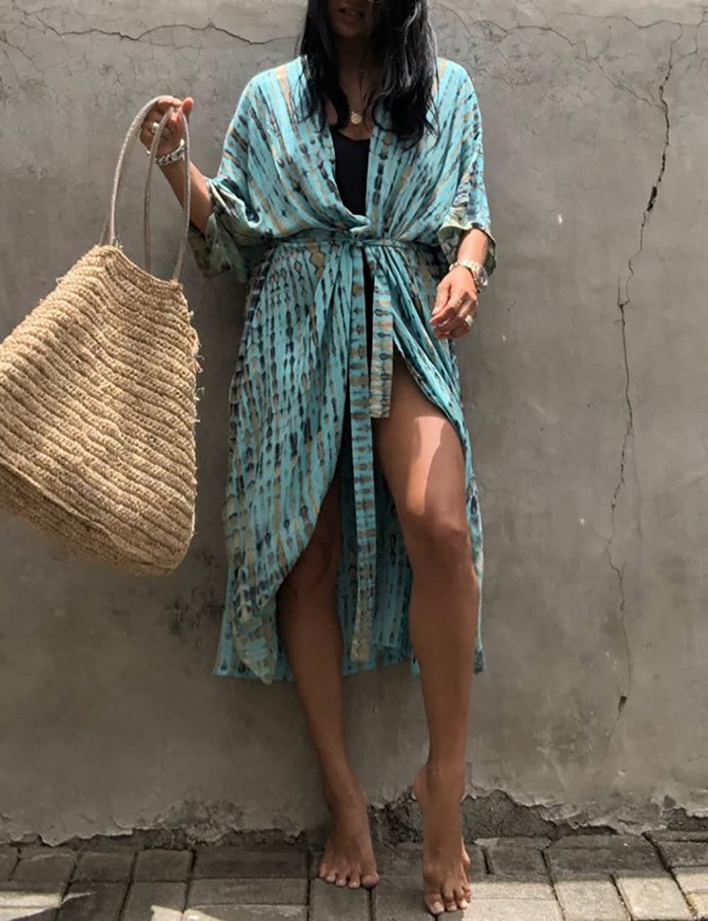 Bsubseach Stylish Tie Dye Open Front Long Kimono Swimsuit Cover up for Women