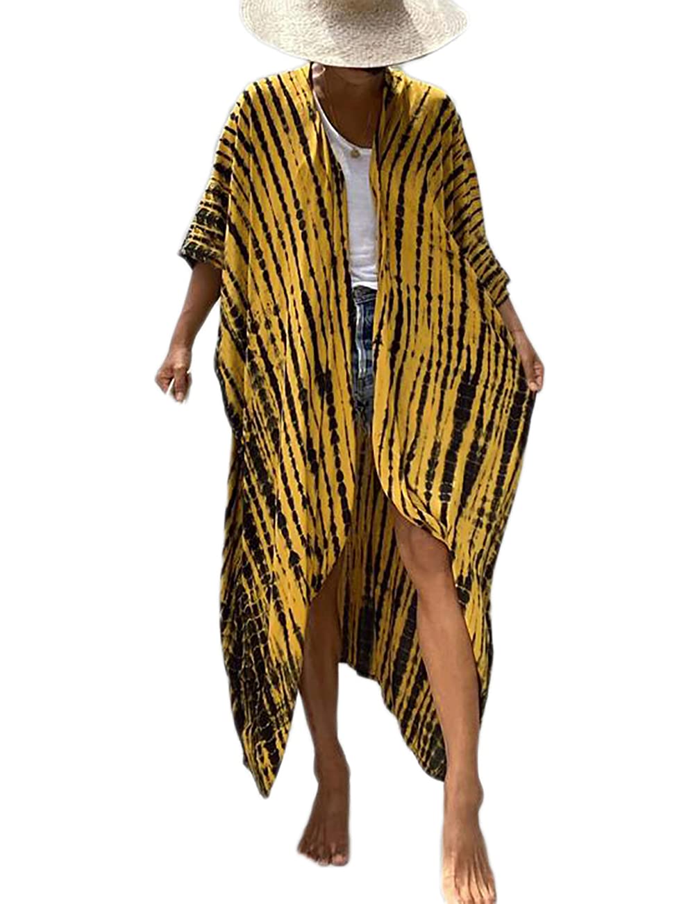 Bsubseach Stylish Tie Dye Open Front Long Kimono Swimsuit Cover up for Women