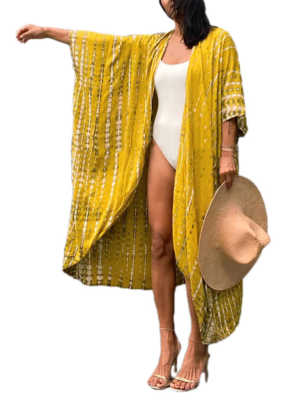 Bsubseach Stylish Tie Dye Open Front Long Kimono Swimsuit Cover up for Women