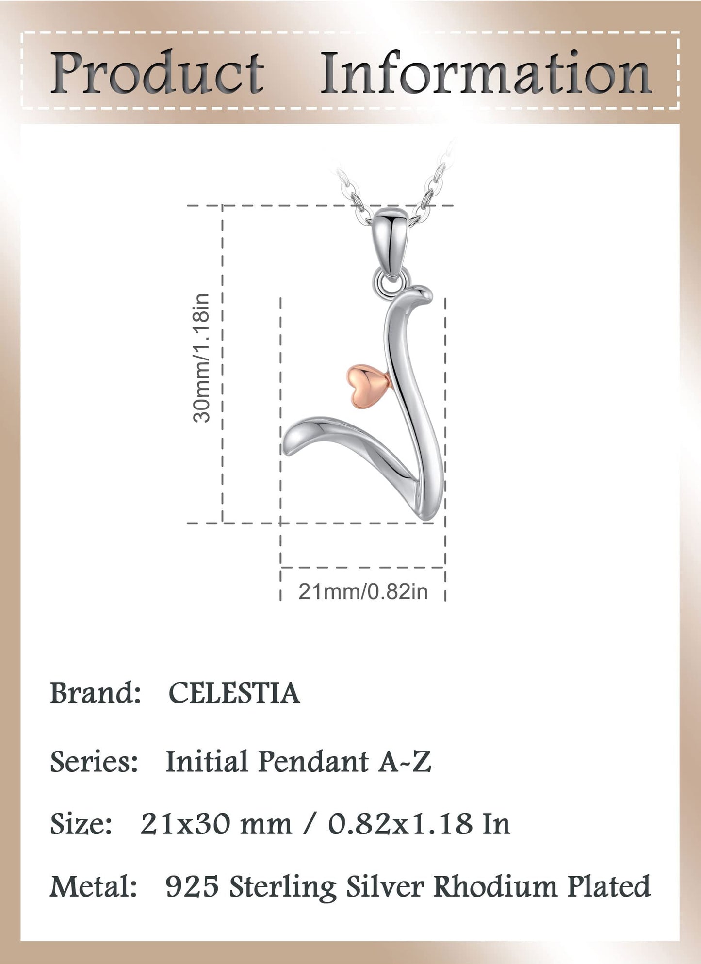 CELESTIA Sterling Silver Initial Necklaces 26 Letter Pendant with Rose Gold Heart - 18 Inch Chain