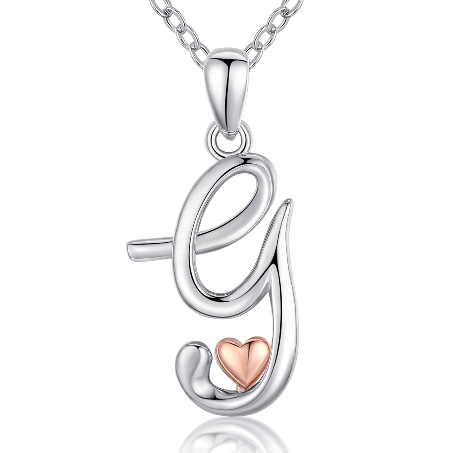 CELESTIA Sterling Silver Initial Necklaces 26 Letter Pendant with Rose Gold Heart - 18 Inch Chain