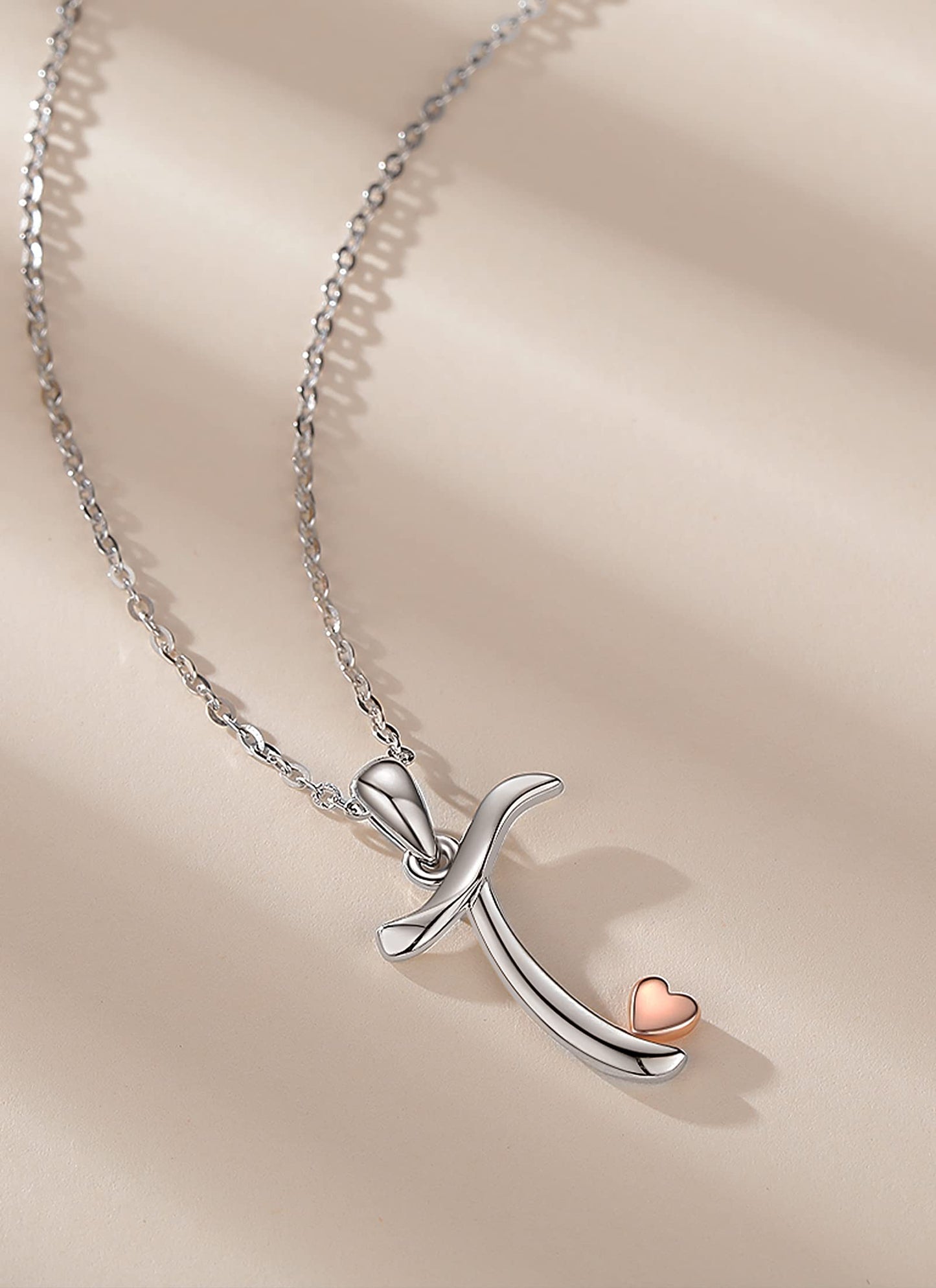 CELESTIA Sterling Silver Initial Necklaces 26 Letter Pendant with Rose Gold Heart - 18 Inch Chain