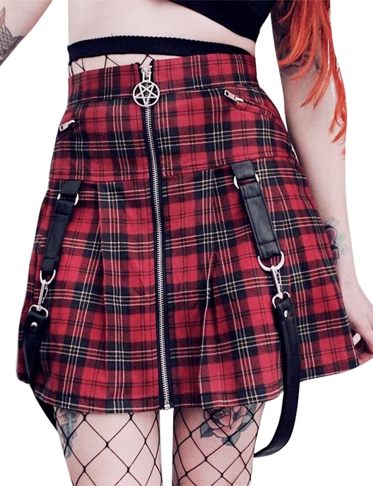 IDEALSANXUN Gothic Plaid Mini Skirts for Womens Short High Waist Plaid Skirts