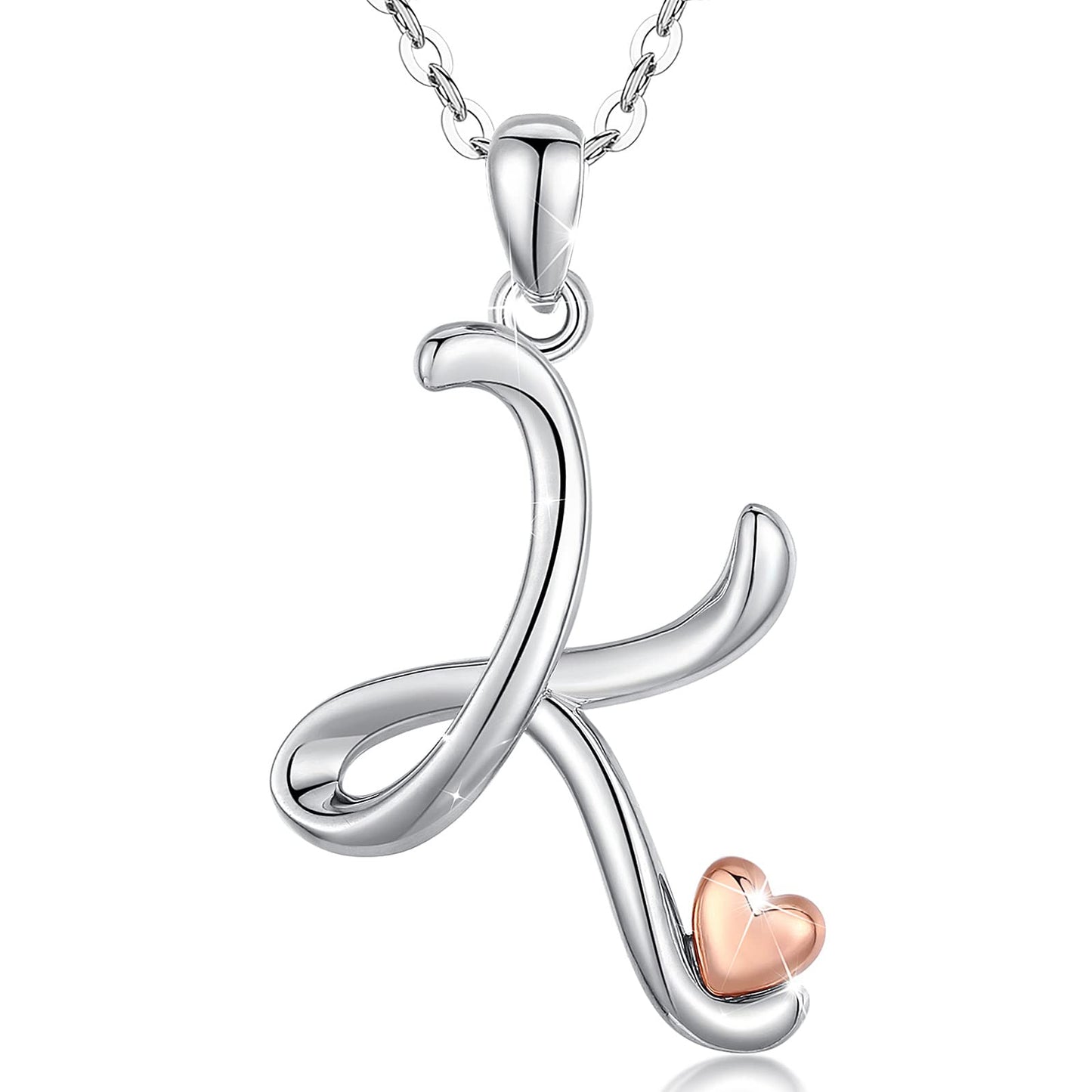 CELESTIA Sterling Silver Initial Necklaces 26 Letter Pendant with Rose Gold Heart - 18 Inch Chain