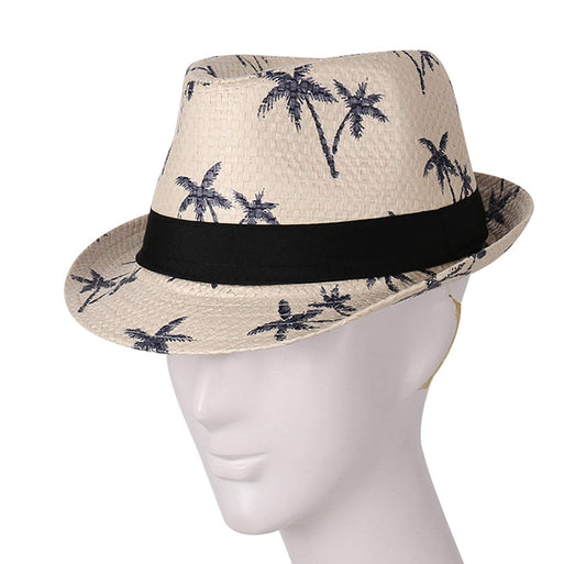 BIBITIME Print Palm Hat for Men Jazz Panama Straw Hats Hawaii Vocation Beach Cap