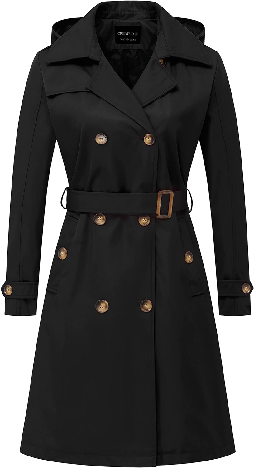 CREATMO US Women's Long Trench Coat Double-Breasted Classic Lapel Overcoat Belted Slim Outerwear Coat with Detachable Hood