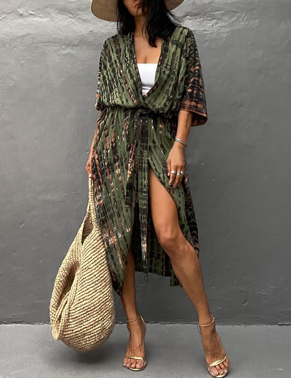 Bsubseach Stylish Tie Dye Open Front Long Kimono Swimsuit Cover up for Women