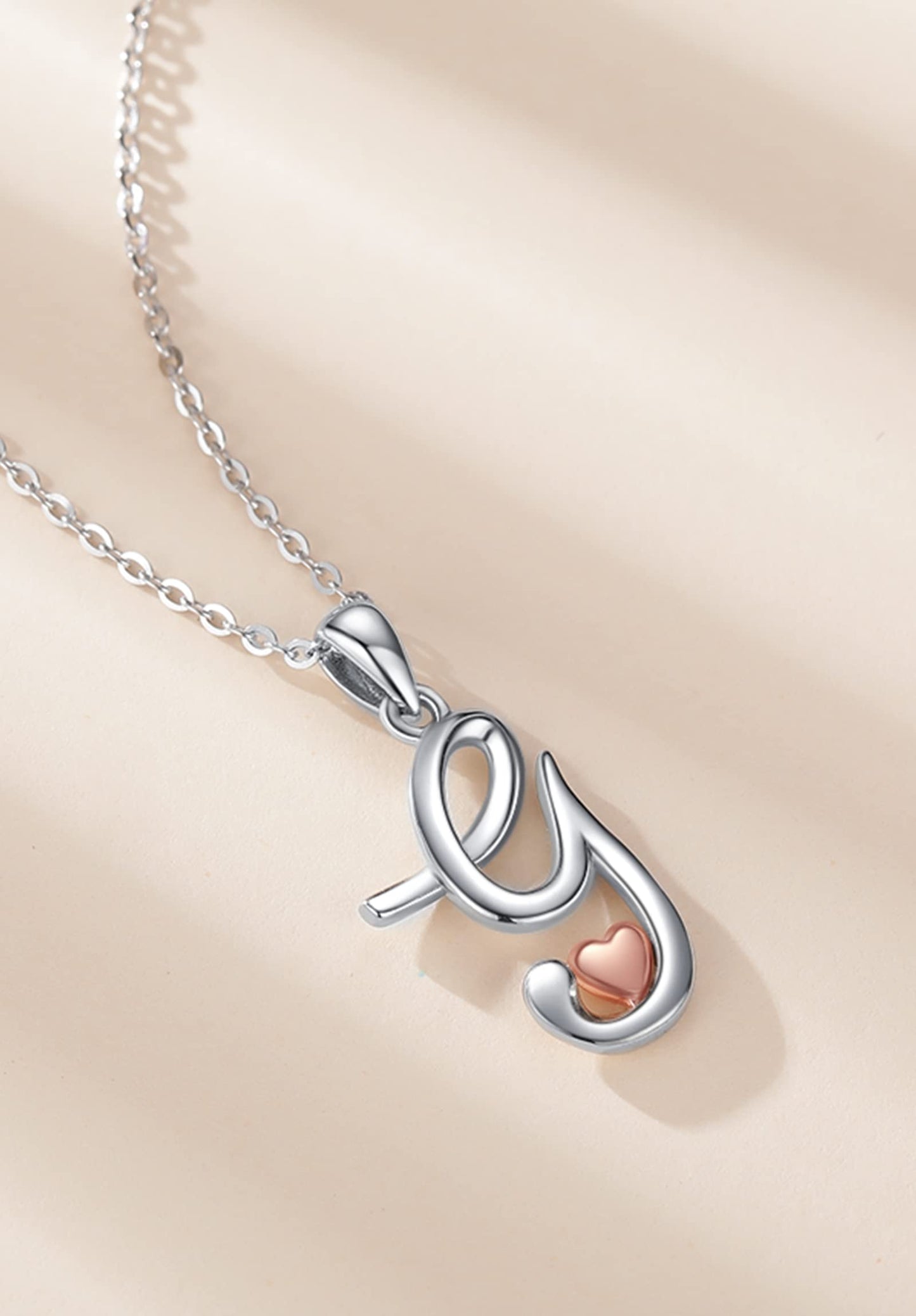 CELESTIA Sterling Silver Initial Necklaces 26 Letter Pendant with Rose Gold Heart - 18 Inch Chain