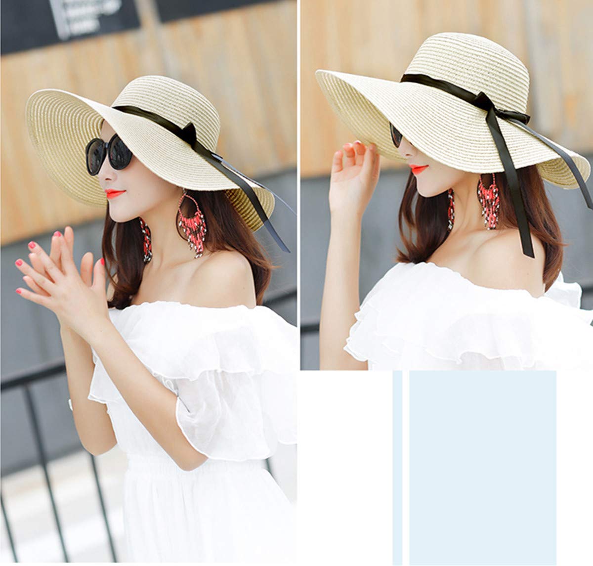 Baonmy Women’s Ridge Wide Brim Sun Hat Beachwear Summer Straw Hat