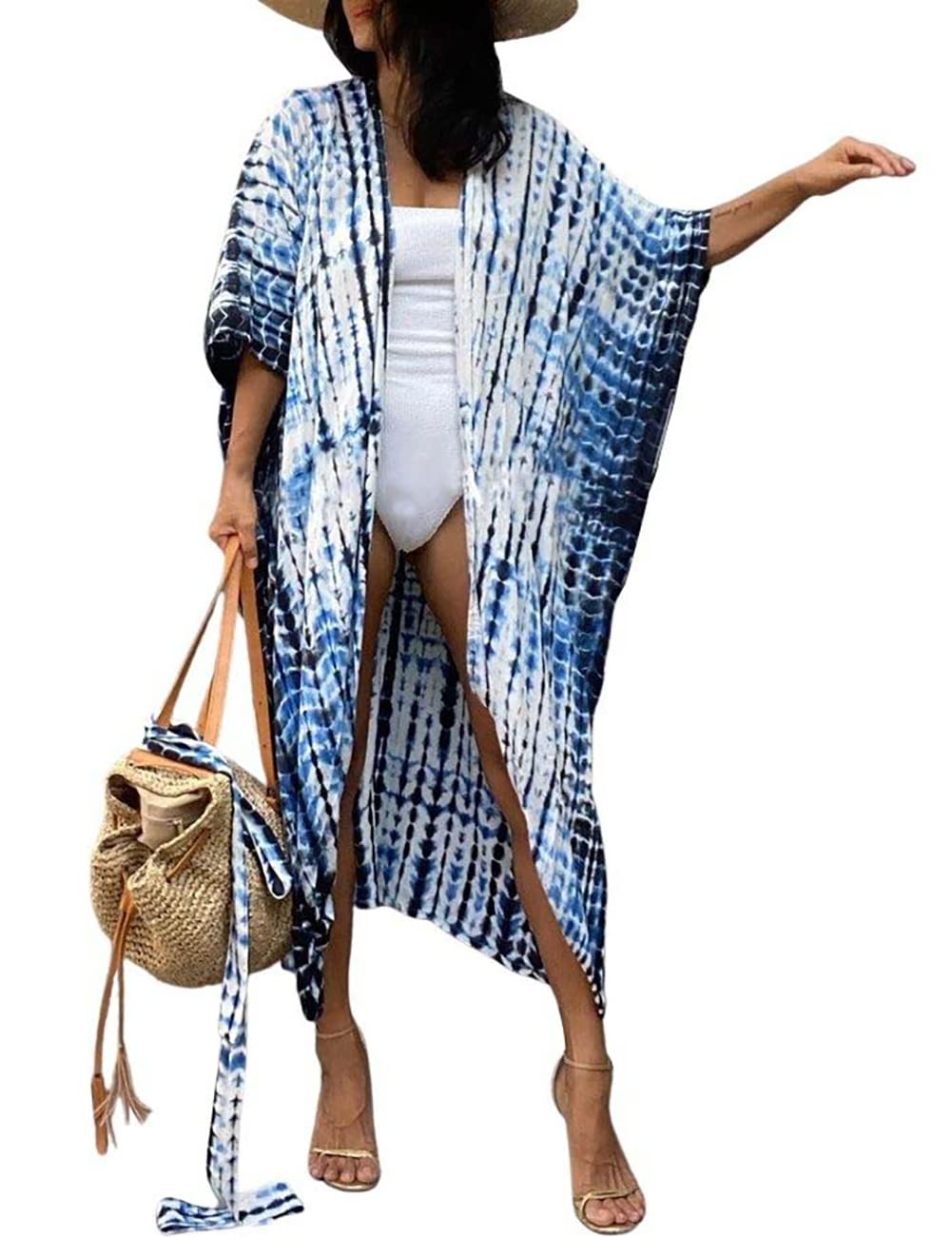 Bsubseach Stylish Tie Dye Open Front Long Kimono Swimsuit Cover up for Women