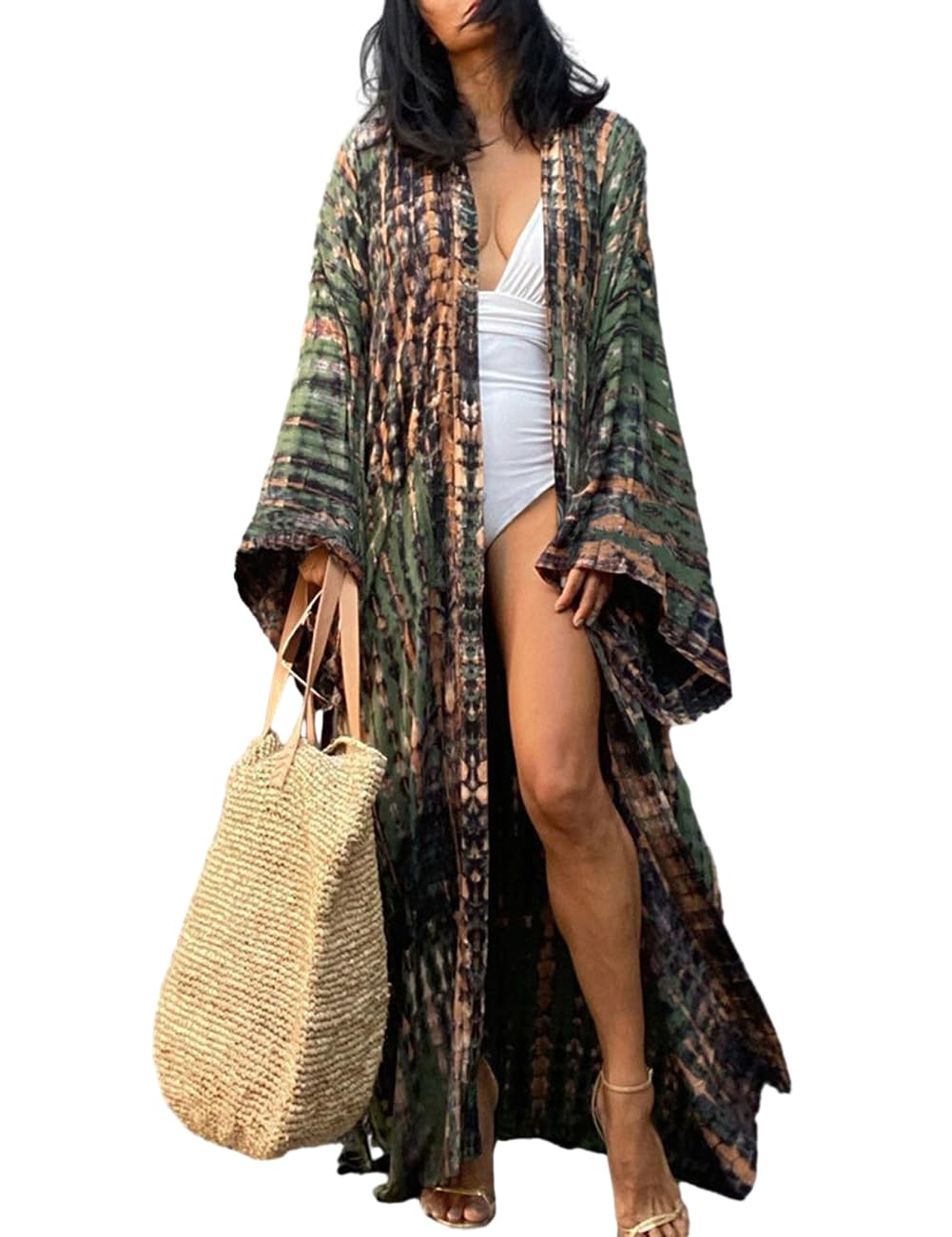 Bsubseach Stylish Tie Dye Open Front Long Kimono Swimsuit Cover up for Women