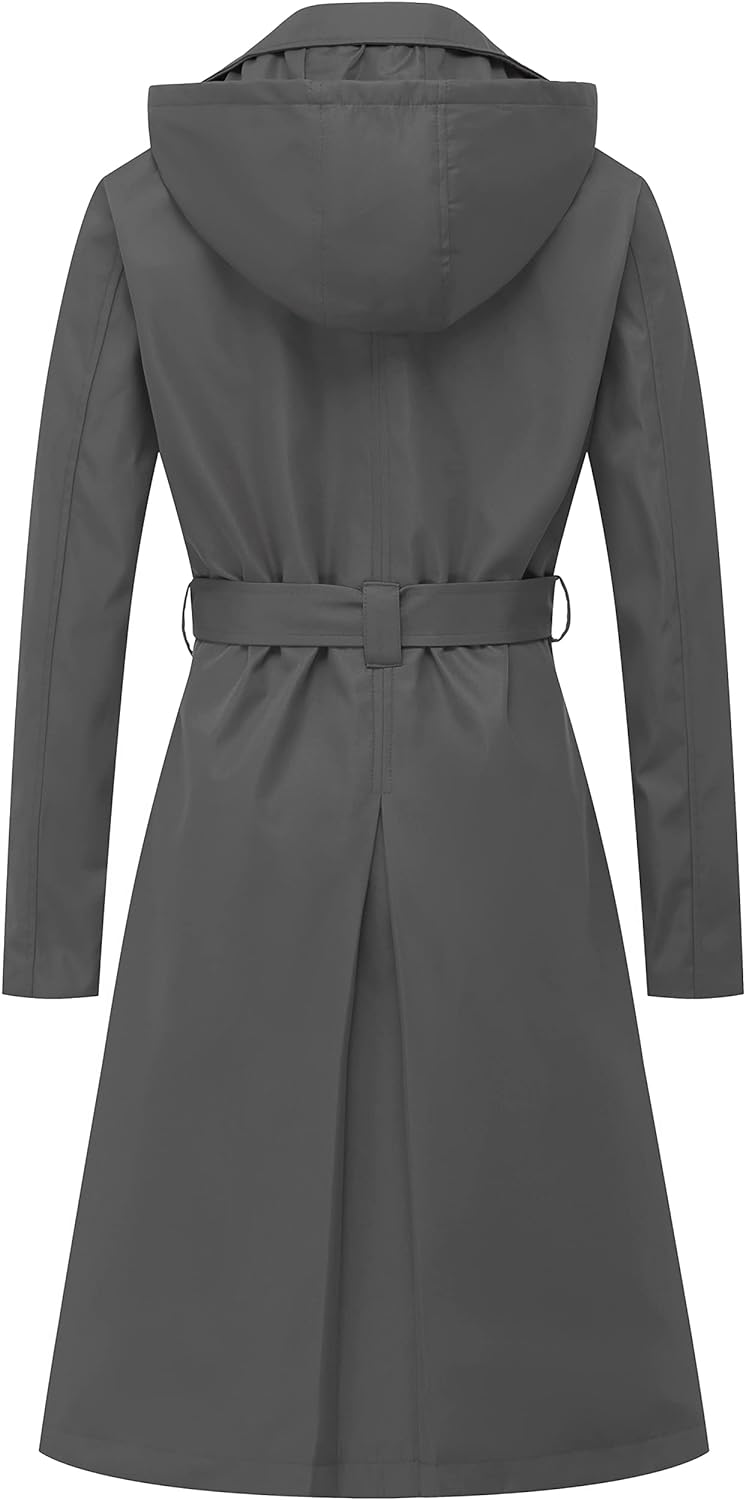 CREATMO US Women's Long Trench Coat Double-Breasted Classic Lapel Overcoat Belted Slim Outerwear Coat with Detachable Hood