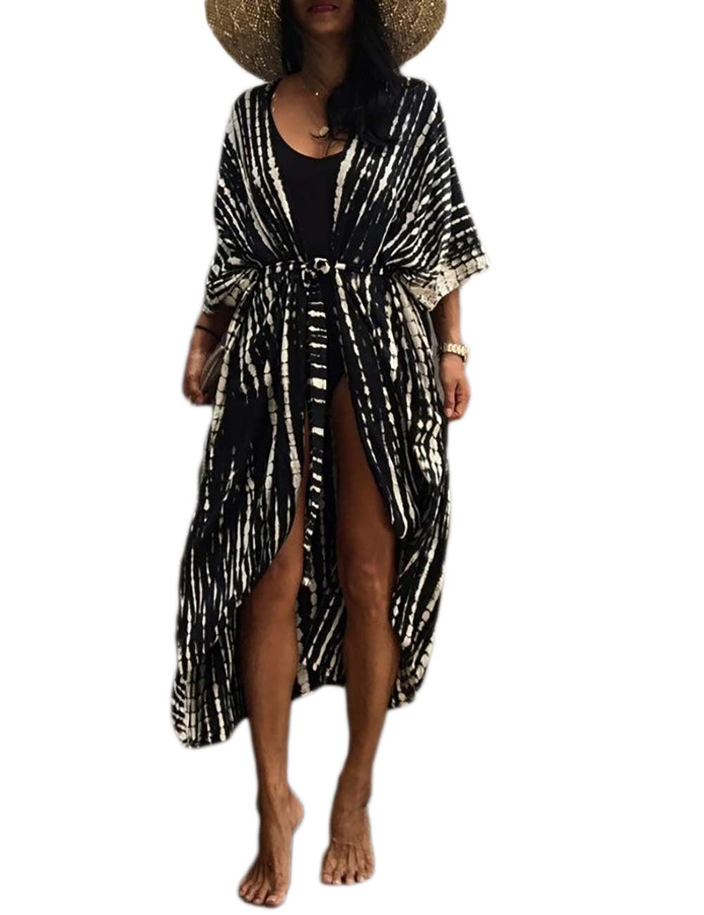 Bsubseach Stylish Tie Dye Open Front Long Kimono Swimsuit Cover up for Women