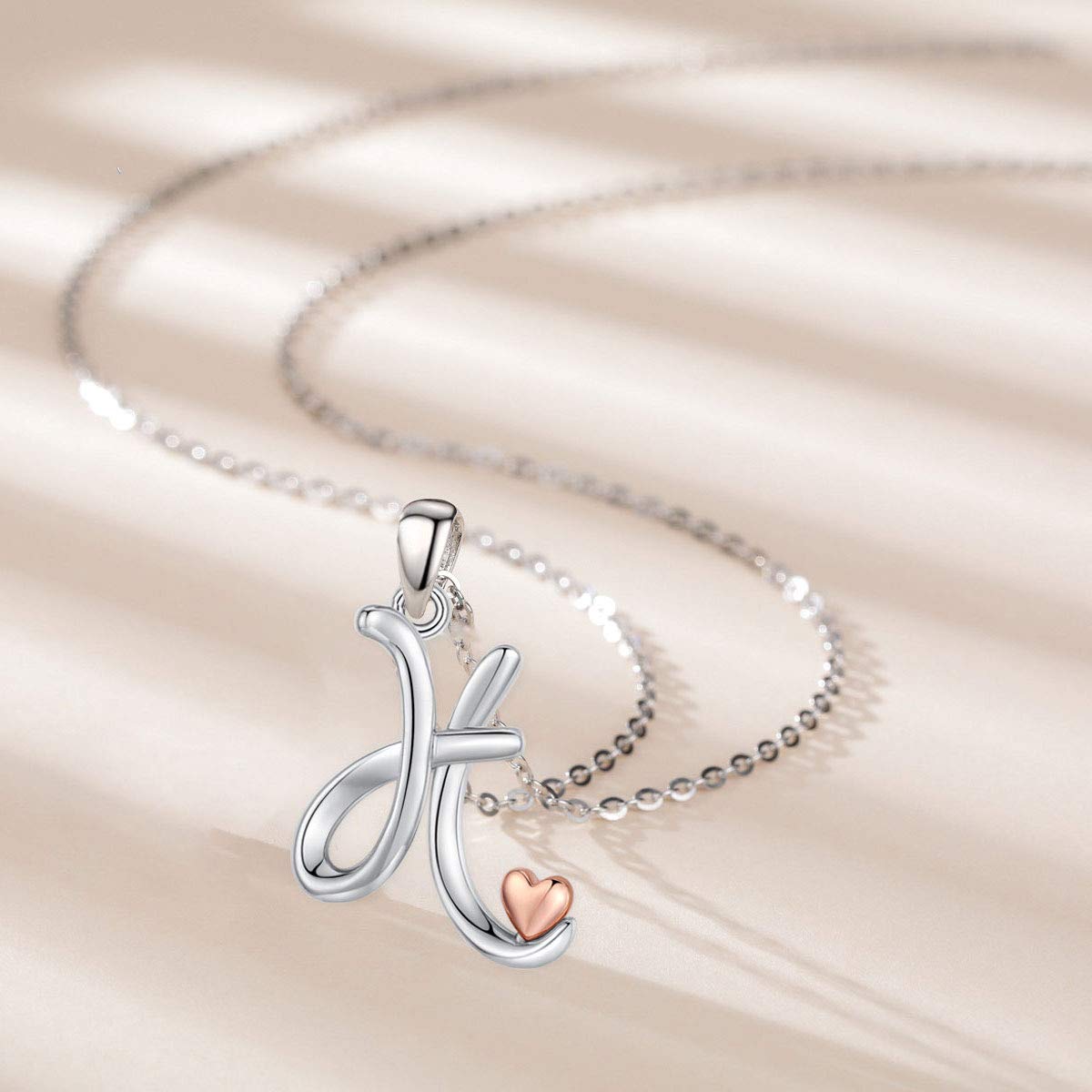 CELESTIA Sterling Silver Initial Necklaces 26 Letter Pendant with Rose Gold Heart - 18 Inch Chain