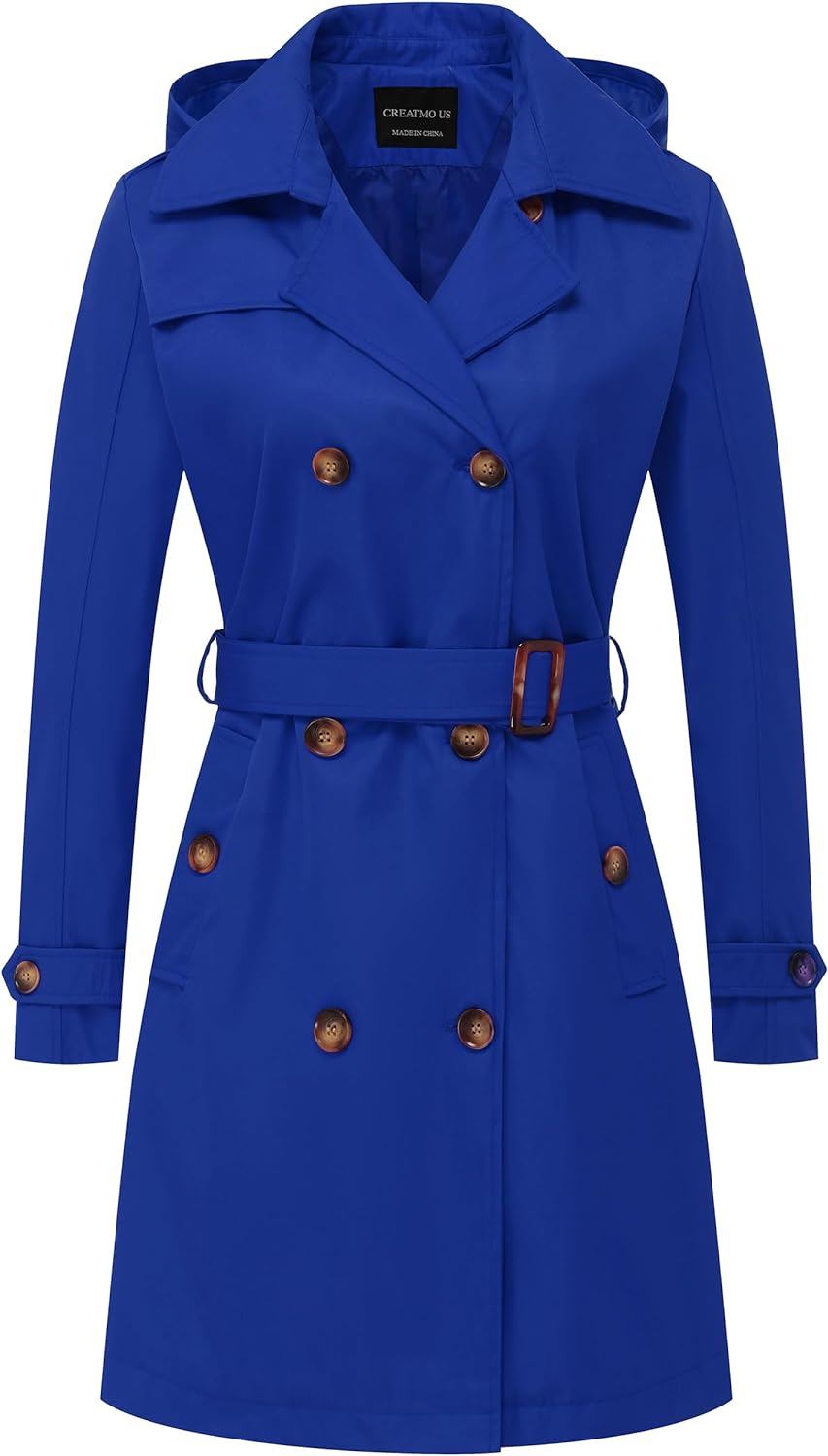 CREATMO US Women's Long Trench Coat Double-Breasted Classic Lapel Overcoat Belted Slim Outerwear Coat with Detachable Hood