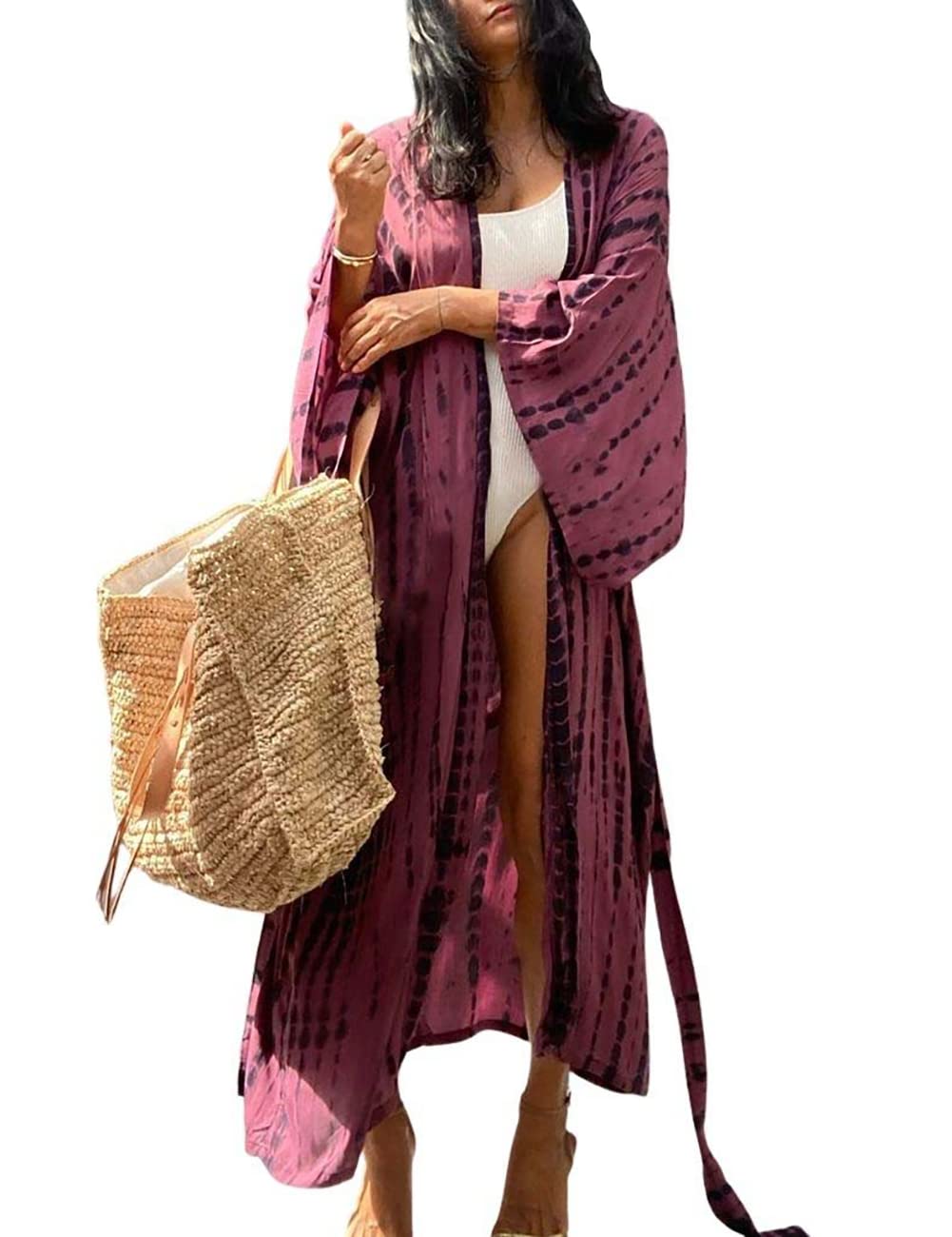 Bsubseach Stylish Tie Dye Open Front Long Kimono Swimsuit Cover up for Women