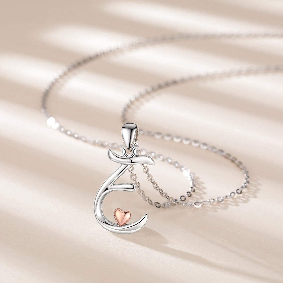 CELESTIA Sterling Silver Initial Necklaces 26 Letter Pendant with Rose Gold Heart - 18 Inch Chain