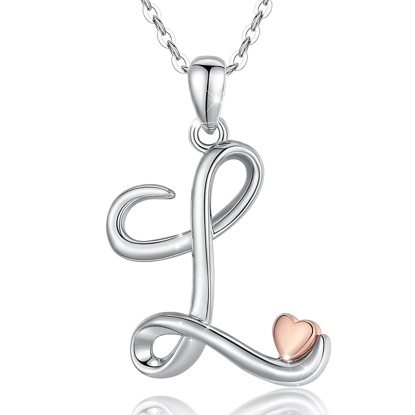 CELESTIA Sterling Silver Initial Necklaces 26 Letter Pendant with Rose Gold Heart - 18 Inch Chain