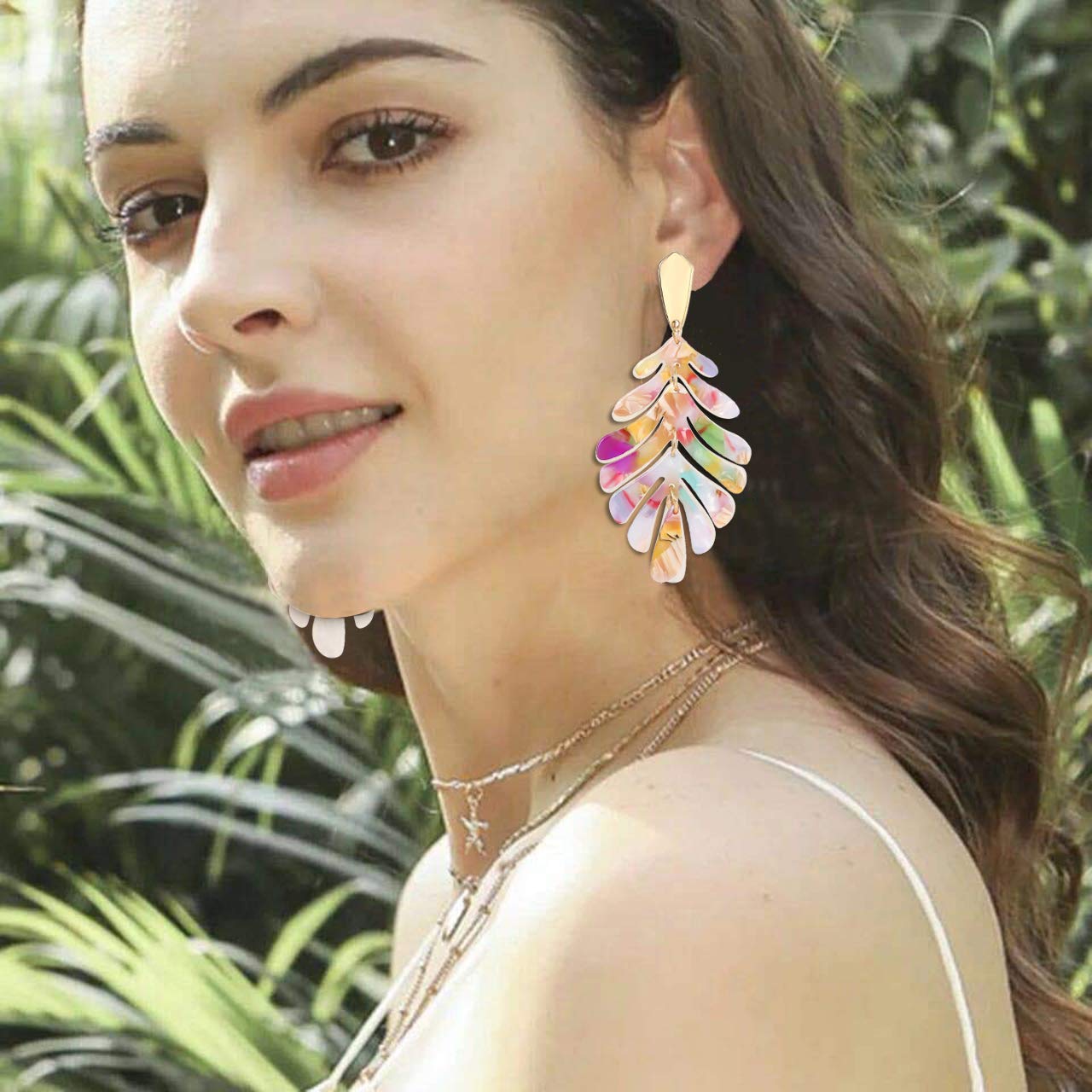 ARATLENCH Acrylic Pendant necklace Earrings – Long Statement Leaf Charm Necklace Tortoise Resin Palm Leaf Earrings Fashion Necklaces Earrings for Women Girls