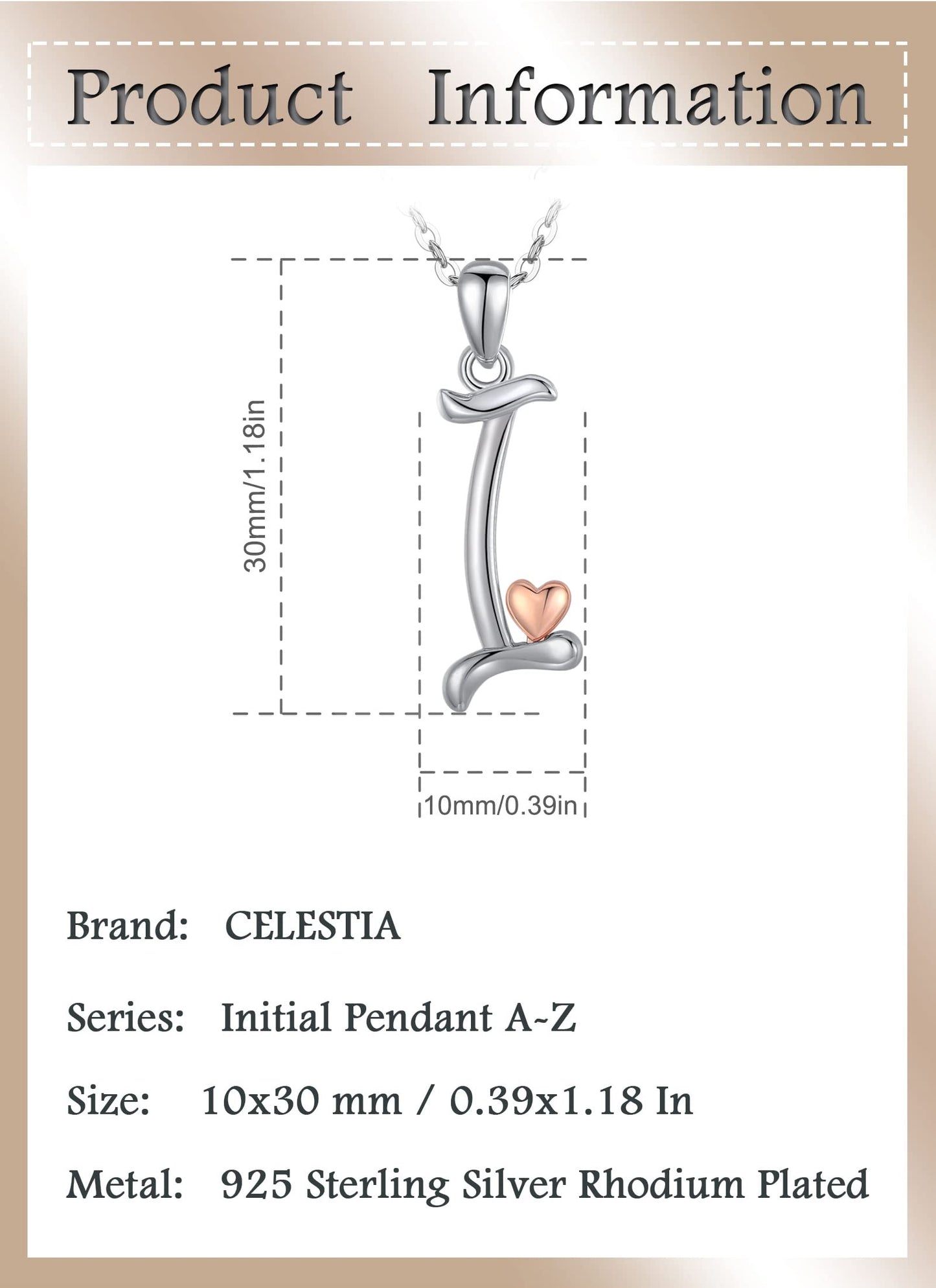 CELESTIA Sterling Silver Initial Necklaces 26 Letter Pendant with Rose Gold Heart - 18 Inch Chain