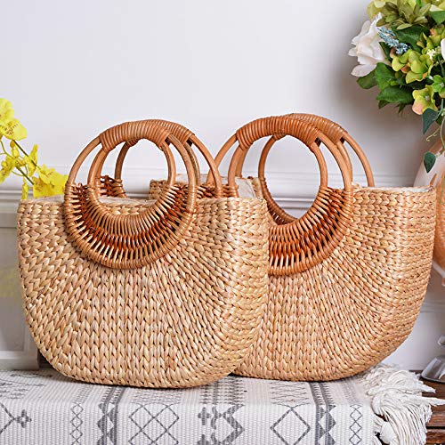 JOLLQUE Straw Bag for Women,Summer Beach Straw Handbag Purse,Moon Shape Small Tote Bag