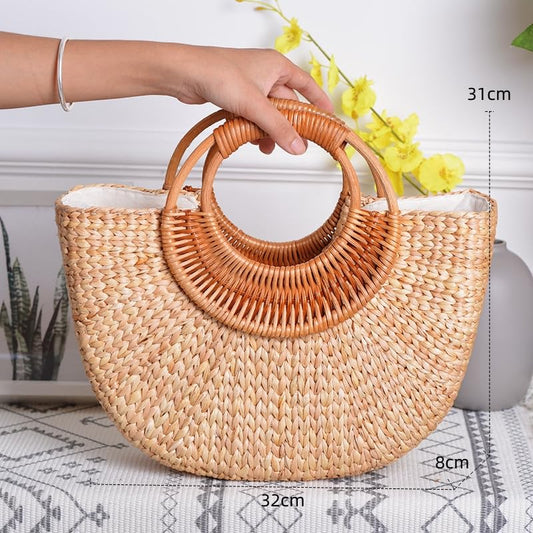 JOLLQUE Straw Bag for Women,Summer Beach Straw Handbag Purse,Moon Shape Small Tote Bag