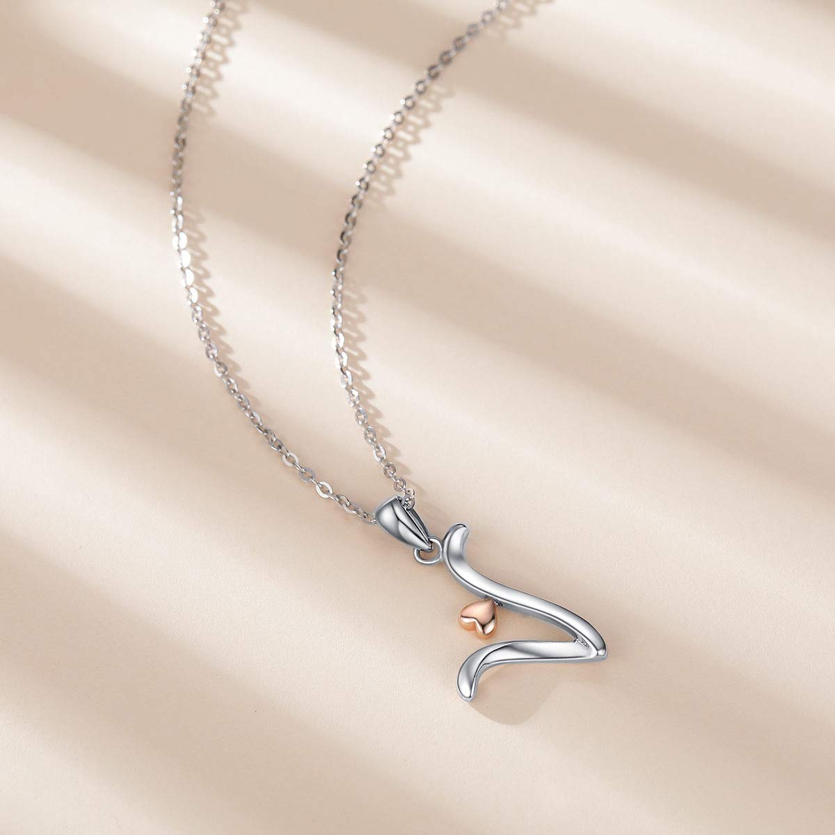 CELESTIA Sterling Silver Initial Necklaces 26 Letter Pendant with Rose Gold Heart - 18 Inch Chain