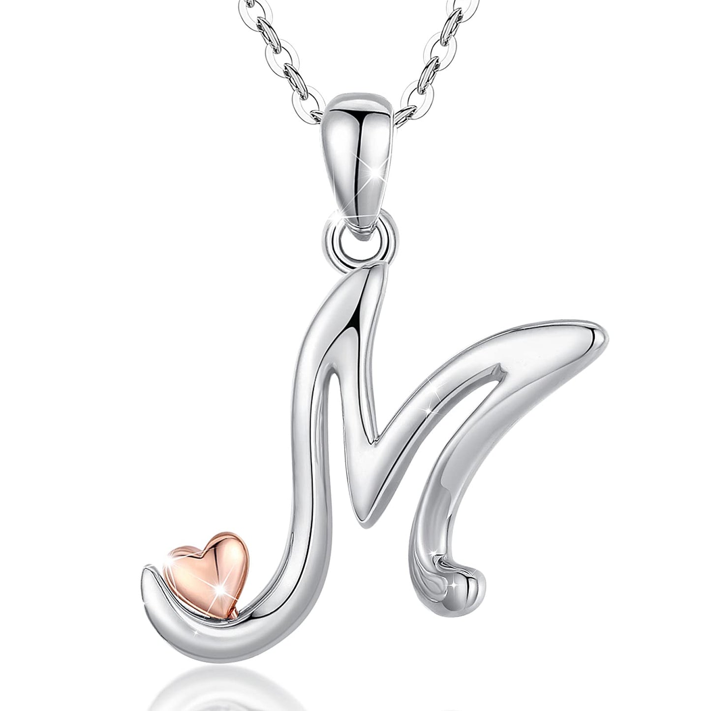 CELESTIA Sterling Silver Initial Necklaces 26 Letter Pendant with Rose Gold Heart - 18 Inch Chain