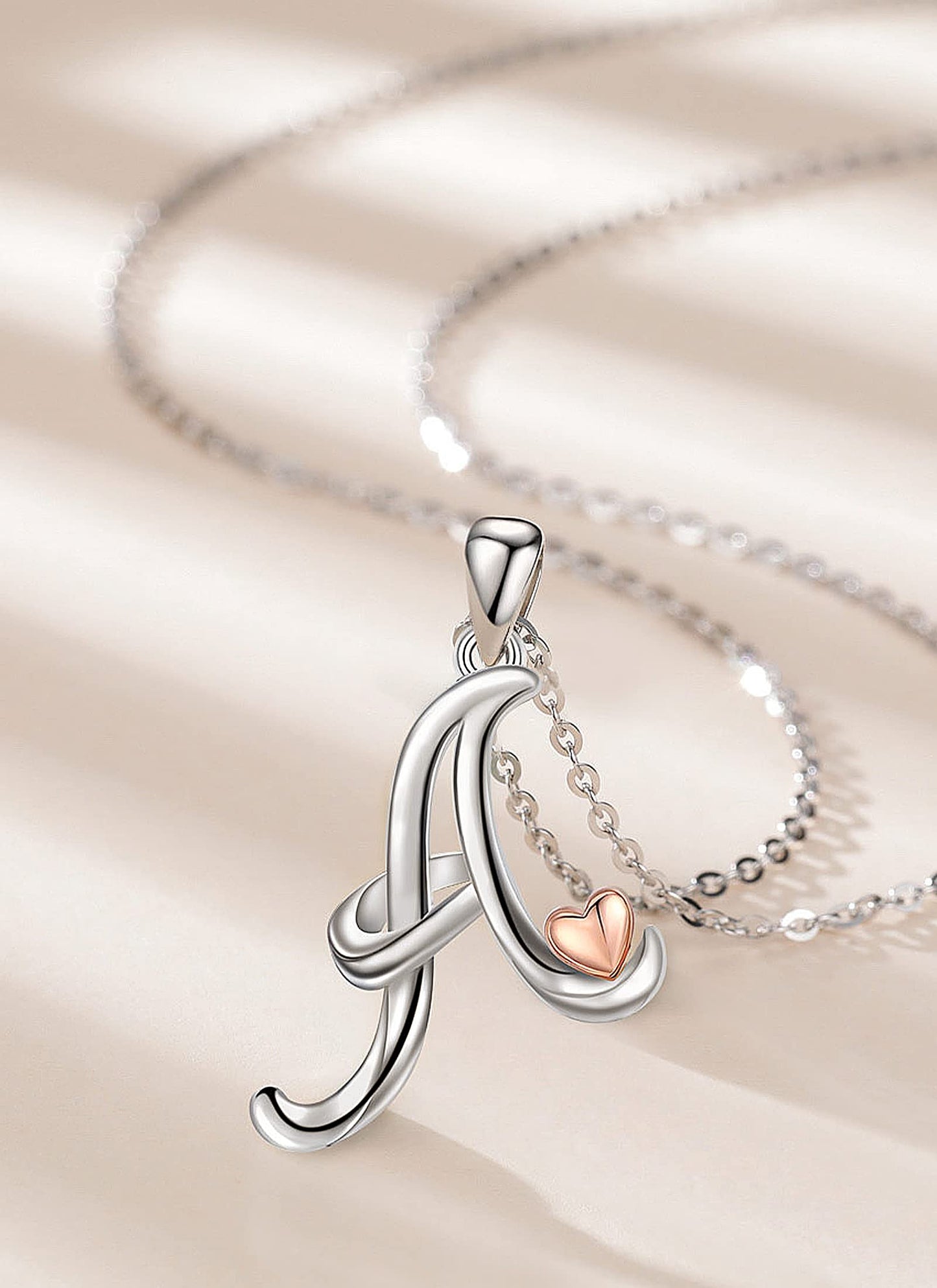 CELESTIA Sterling Silver Initial Necklaces 26 Letter Pendant with Rose Gold Heart - 18 Inch Chain