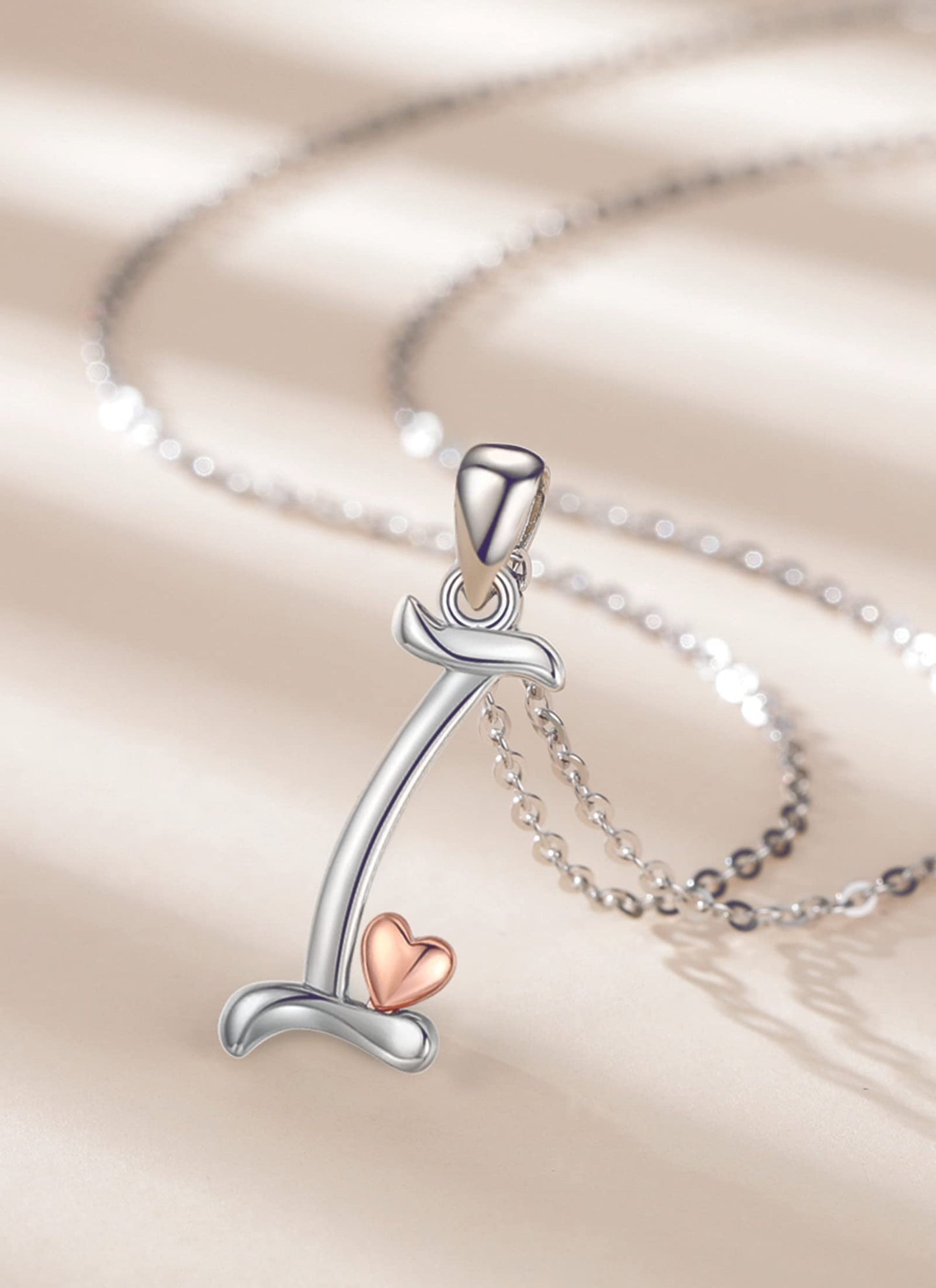 CELESTIA Sterling Silver Initial Necklaces 26 Letter Pendant with Rose Gold Heart - 18 Inch Chain