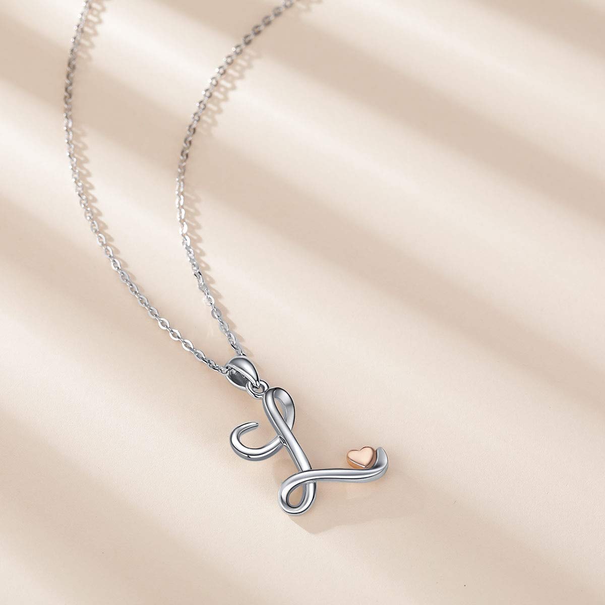 CELESTIA Sterling Silver Initial Necklaces 26 Letter Pendant with Rose Gold Heart - 18 Inch Chain