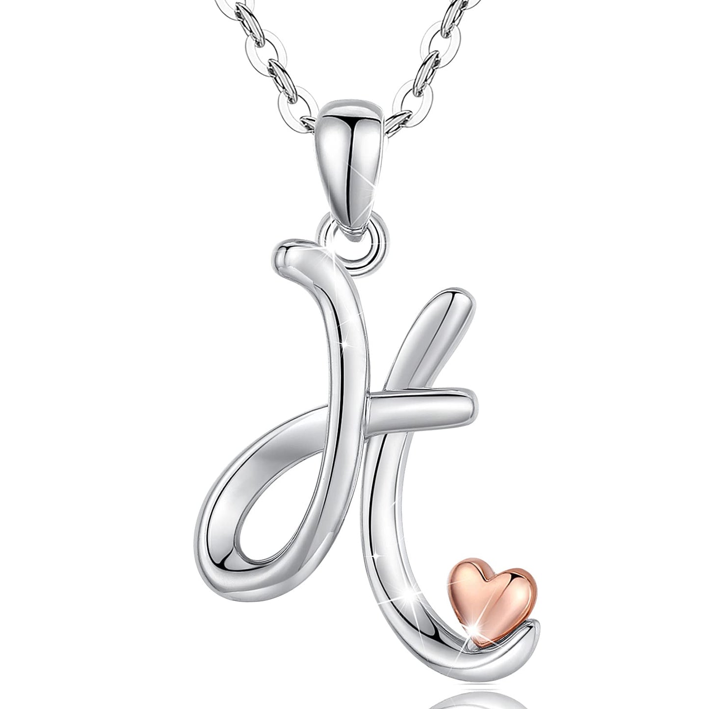 CELESTIA Sterling Silver Initial Necklaces 26 Letter Pendant with Rose Gold Heart - 18 Inch Chain