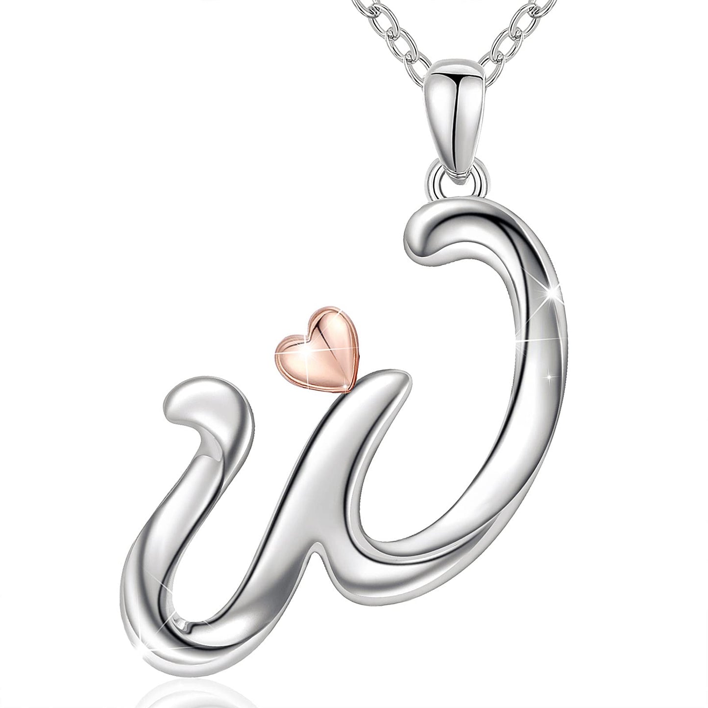 CELESTIA Sterling Silver Initial Necklaces 26 Letter Pendant with Rose Gold Heart - 18 Inch Chain