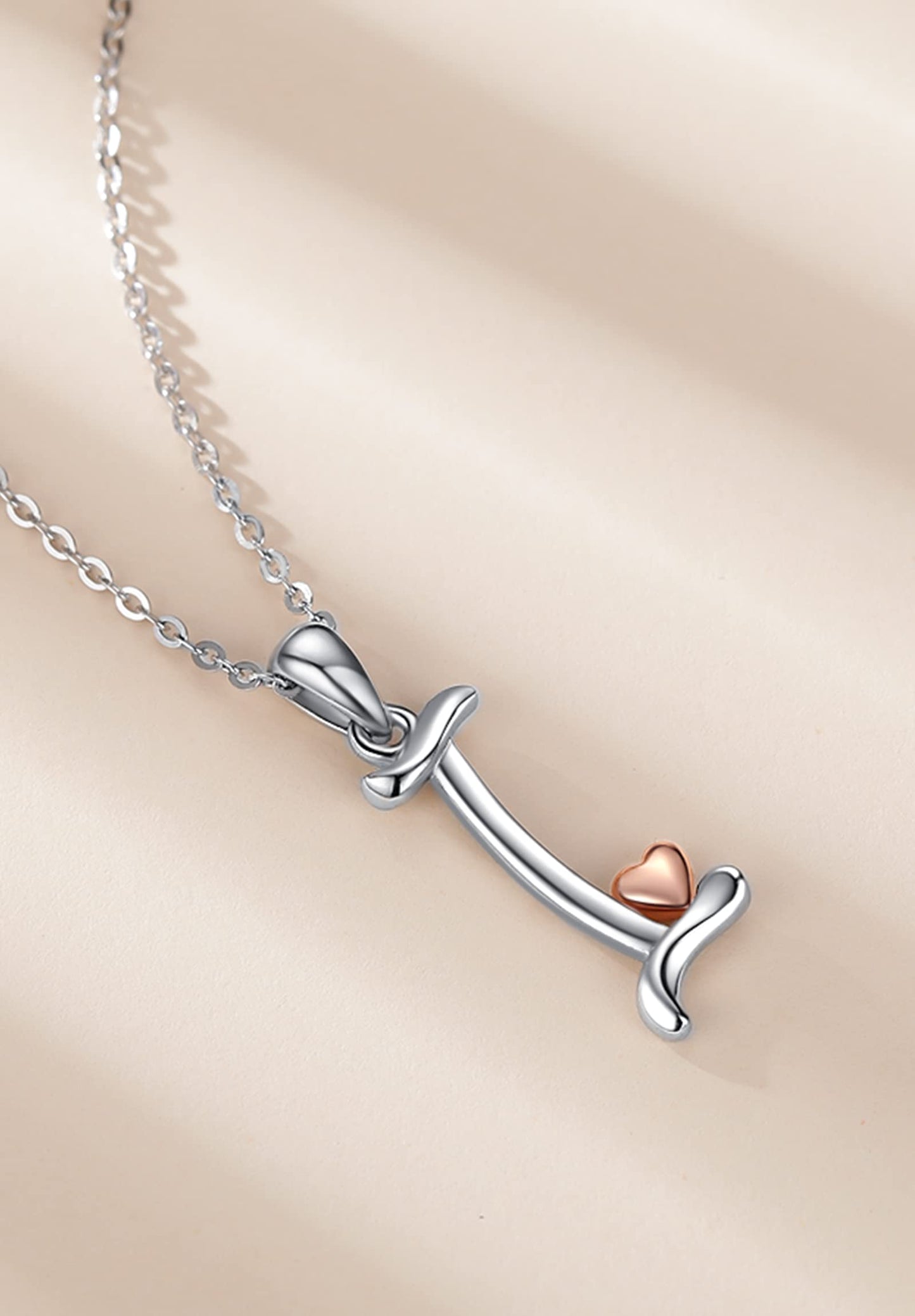 CELESTIA Sterling Silver Initial Necklaces 26 Letter Pendant with Rose Gold Heart - 18 Inch Chain