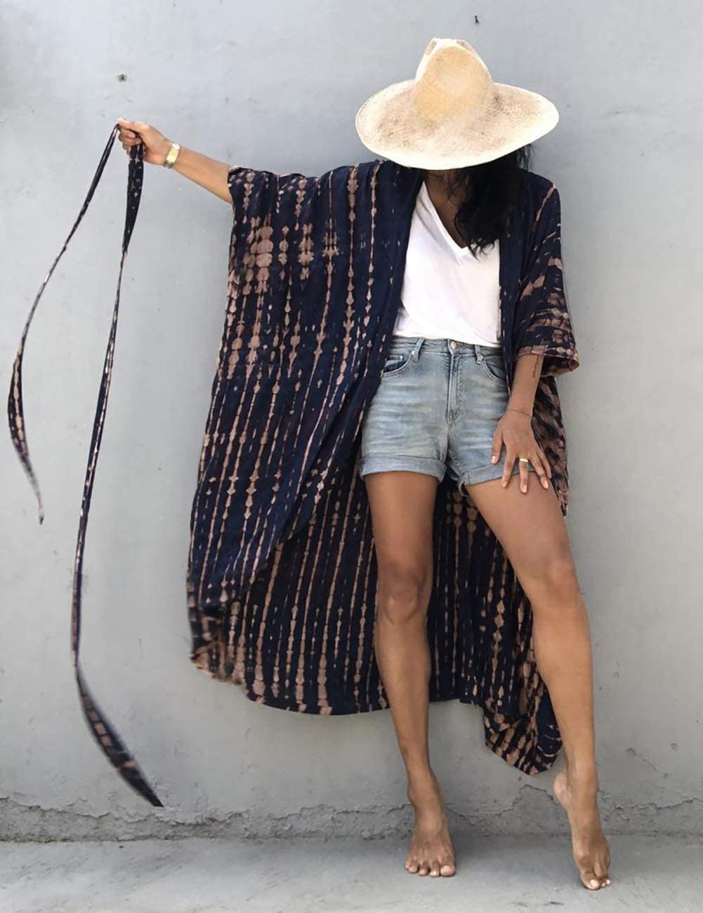 Bsubseach Stylish Tie Dye Open Front Long Kimono Swimsuit Cover up for Women