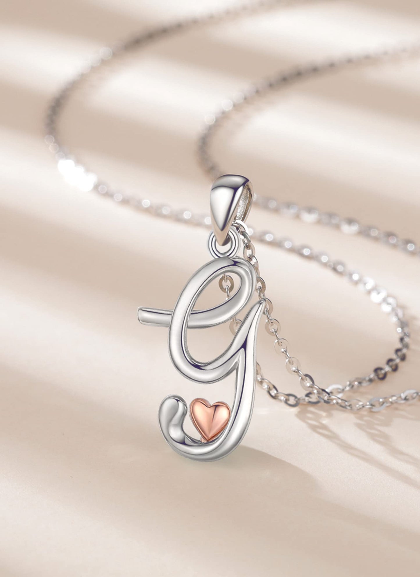 CELESTIA Sterling Silver Initial Necklaces 26 Letter Pendant with Rose Gold Heart - 18 Inch Chain