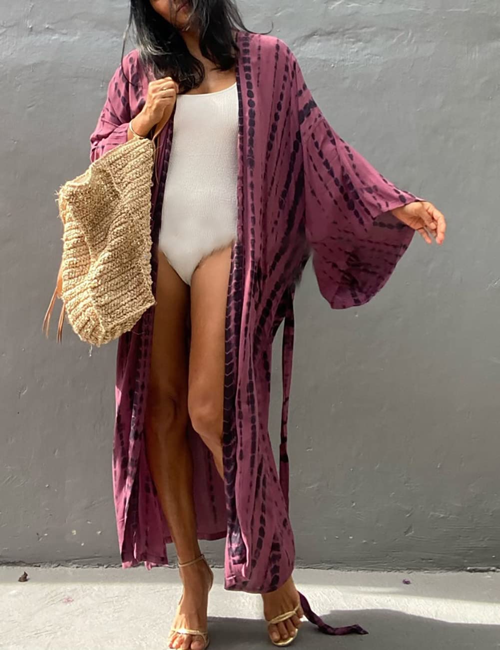 Bsubseach Stylish Tie Dye Open Front Long Kimono Swimsuit Cover up for Women