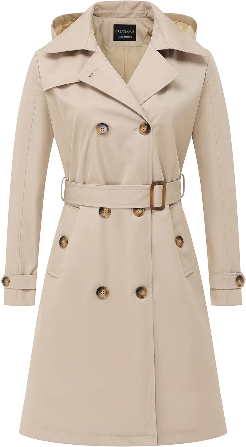 CREATMO US Women's Long Trench Coat Double-Breasted Classic Lapel Overcoat Belted Slim Outerwear Coat with Detachable Hood