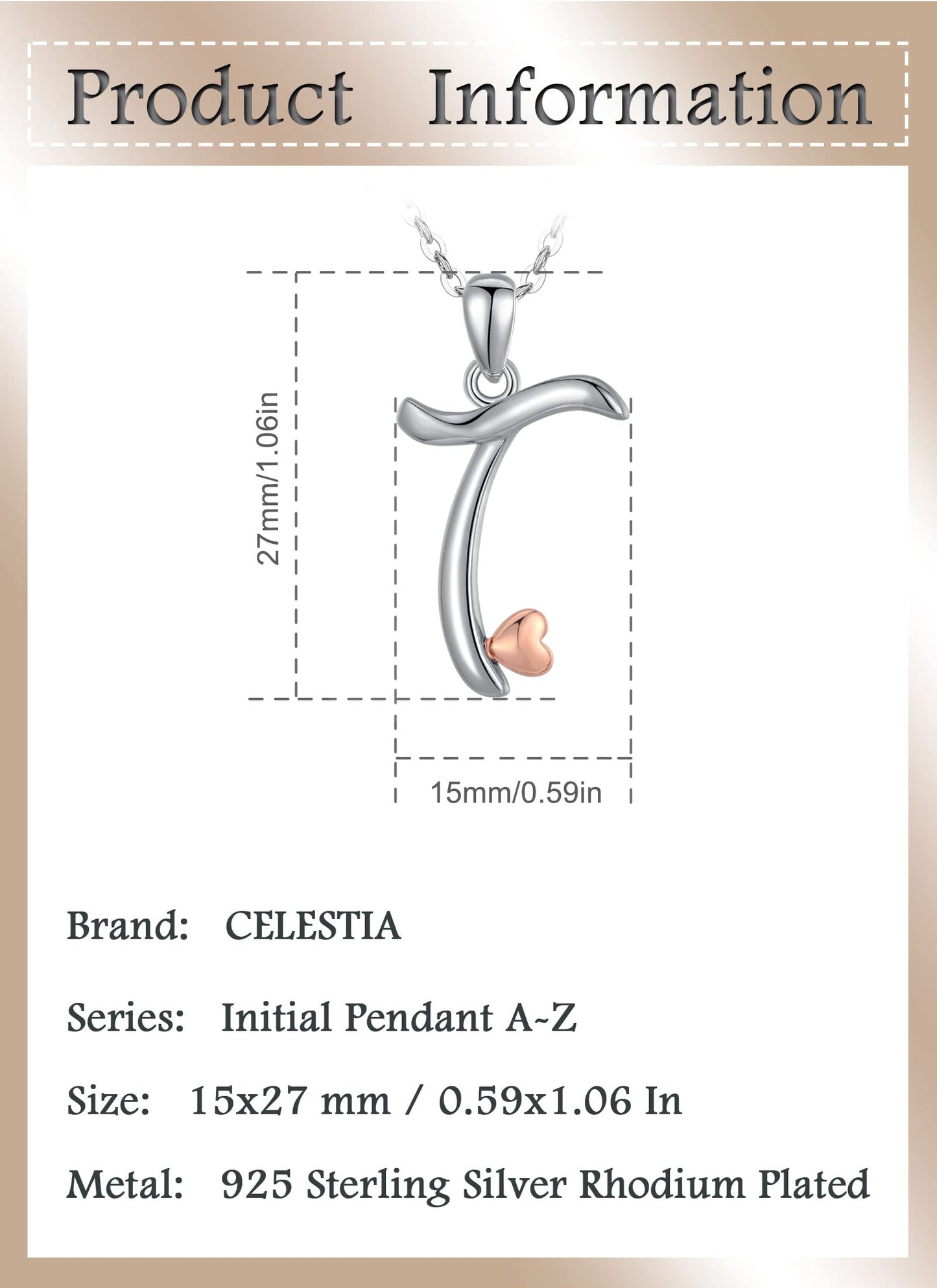 CELESTIA Sterling Silver Initial Necklaces 26 Letter Pendant with Rose Gold Heart - 18 Inch Chain