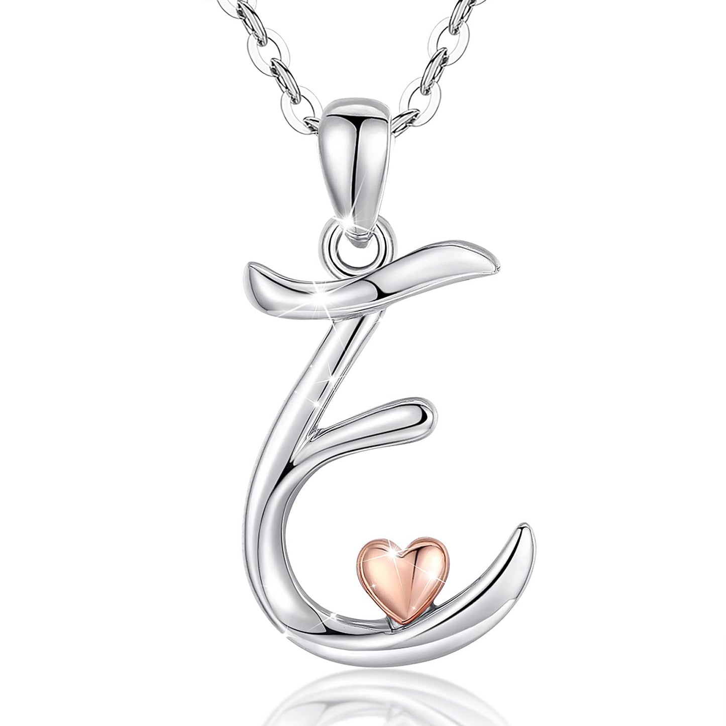 CELESTIA Sterling Silver Initial Necklaces 26 Letter Pendant with Rose Gold Heart - 18 Inch Chain