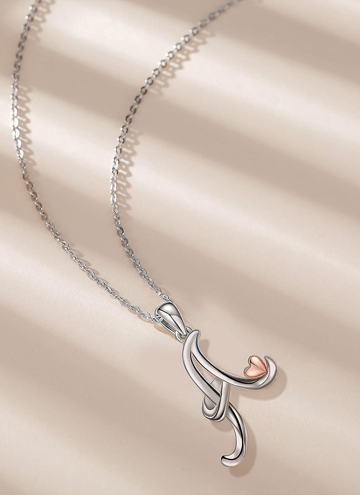 CELESTIA Sterling Silver Initial Necklaces 26 Letter Pendant with Rose Gold Heart - 18 Inch Chain