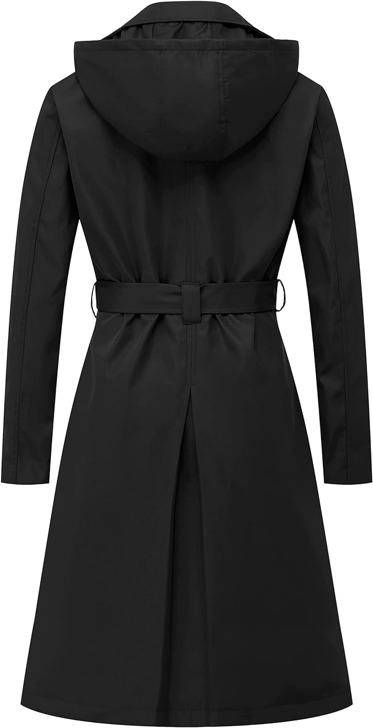 CREATMO US Women's Long Trench Coat Double-Breasted Classic Lapel Overcoat Belted Slim Outerwear Coat with Detachable Hood