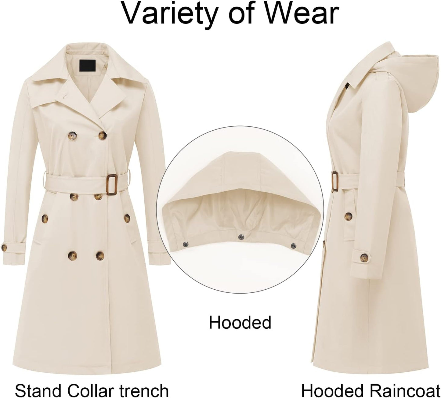 CREATMO US Women's Long Trench Coat Double-Breasted Classic Lapel Overcoat Belted Slim Outerwear Coat with Detachable Hood