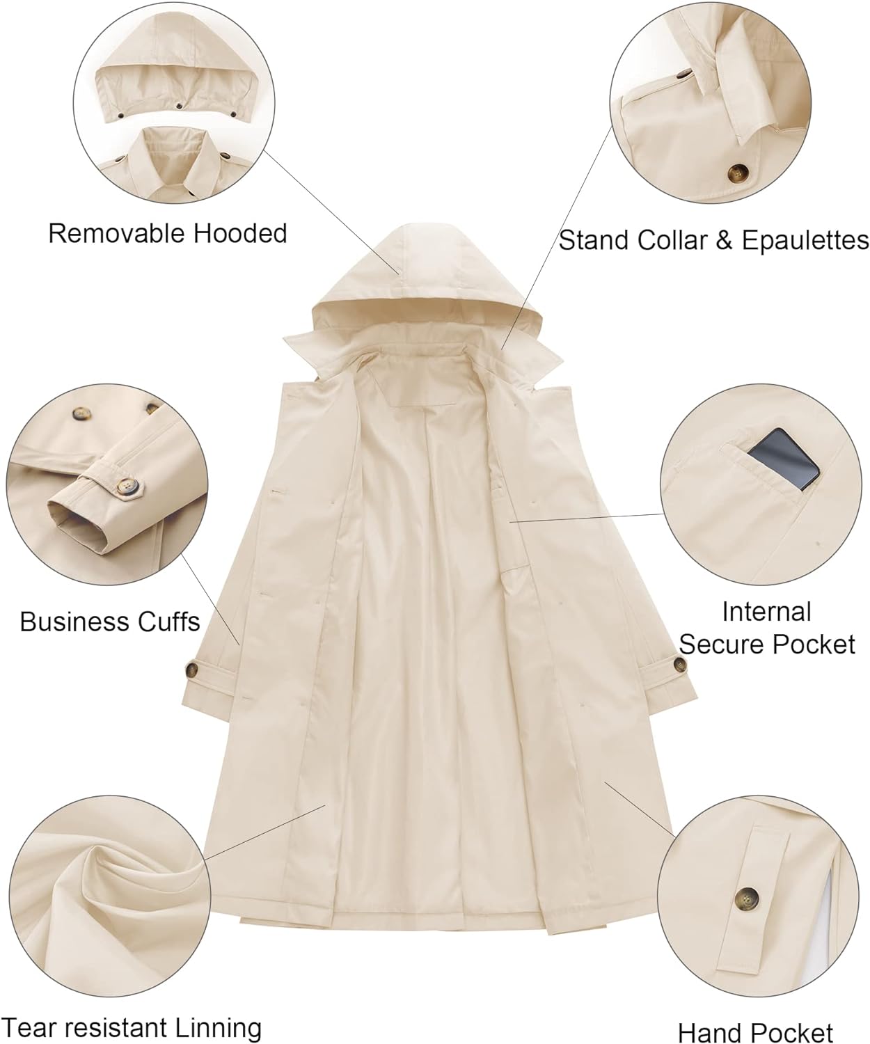 CREATMO US Women's Long Trench Coat Double-Breasted Classic Lapel Overcoat Belted Slim Outerwear Coat with Detachable Hood