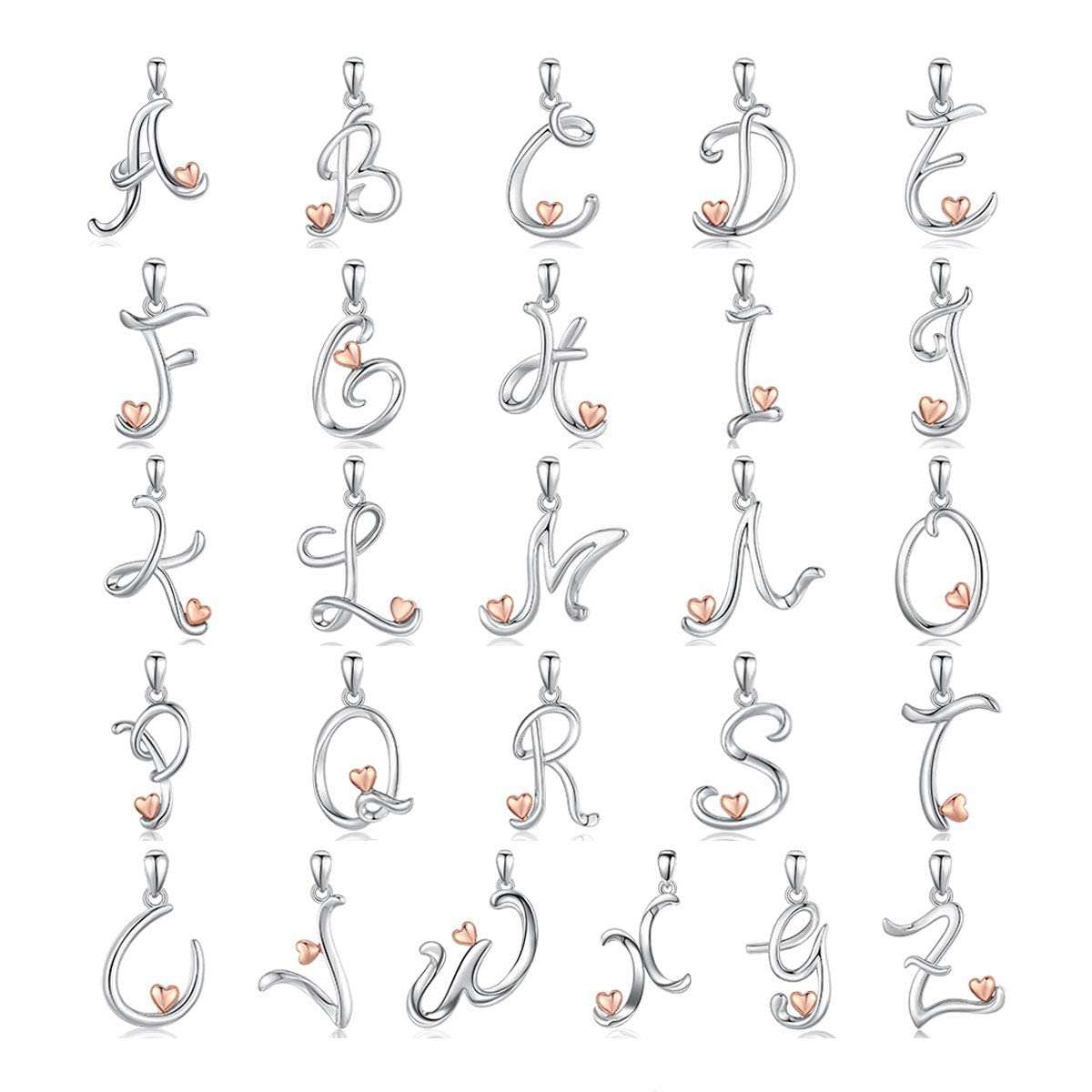 CELESTIA Sterling Silver Initial Necklaces 26 Letter Pendant with Rose Gold Heart - 18 Inch Chain