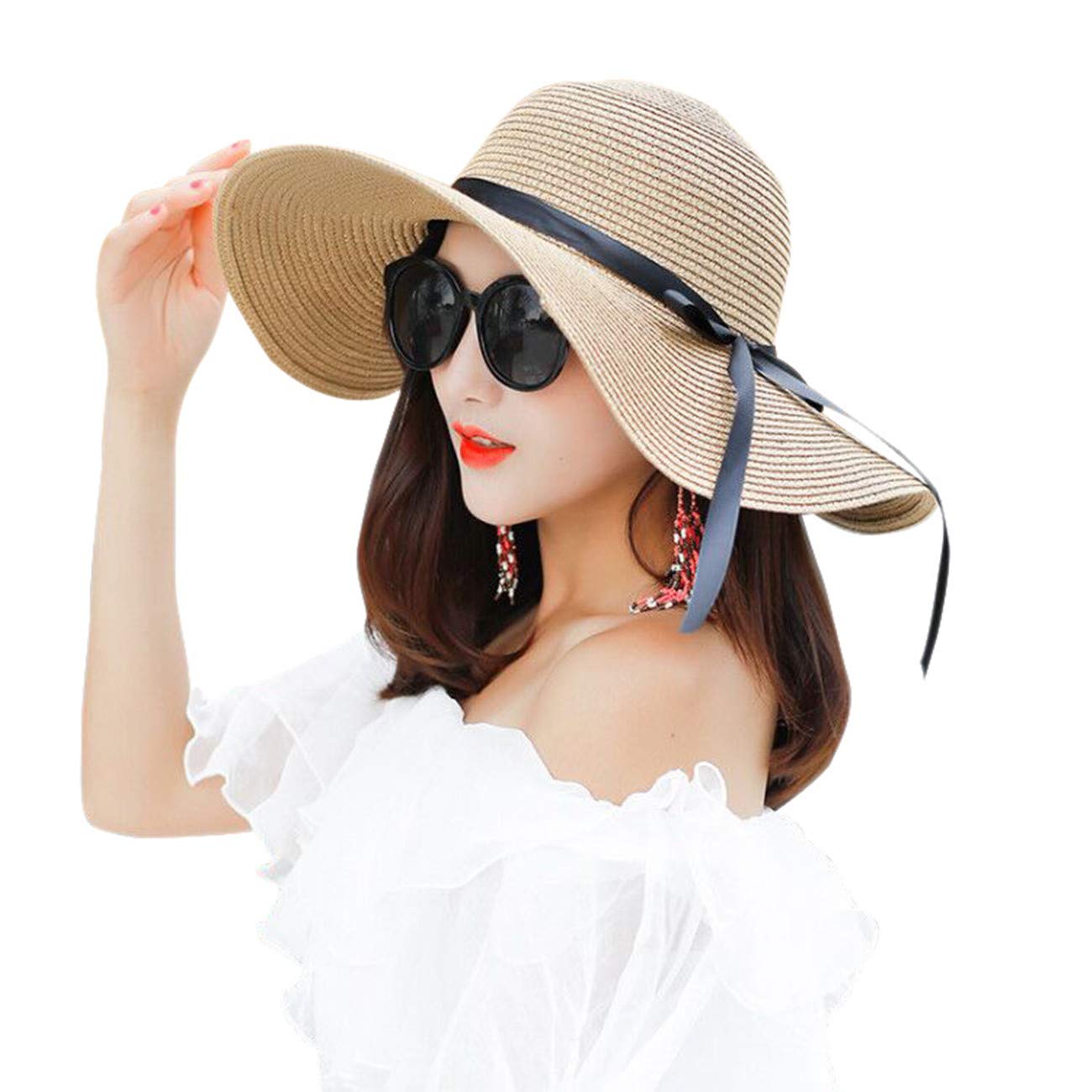 Baonmy Women’s Ridge Wide Brim Sun Hat Beachwear Summer Straw Hat