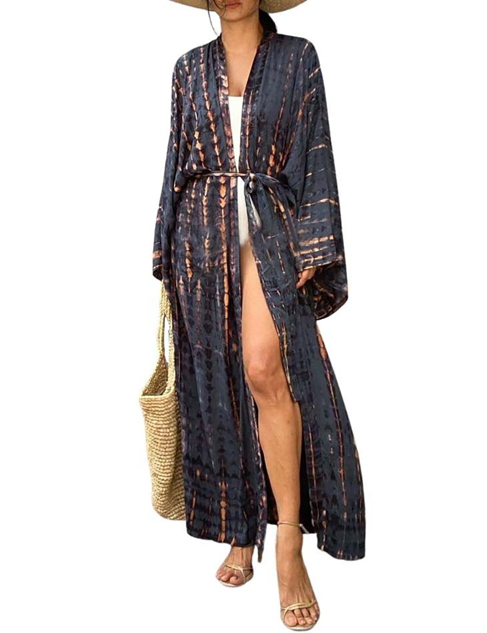 Bsubseach Stylish Tie Dye Open Front Long Kimono Swimsuit Cover up for Women